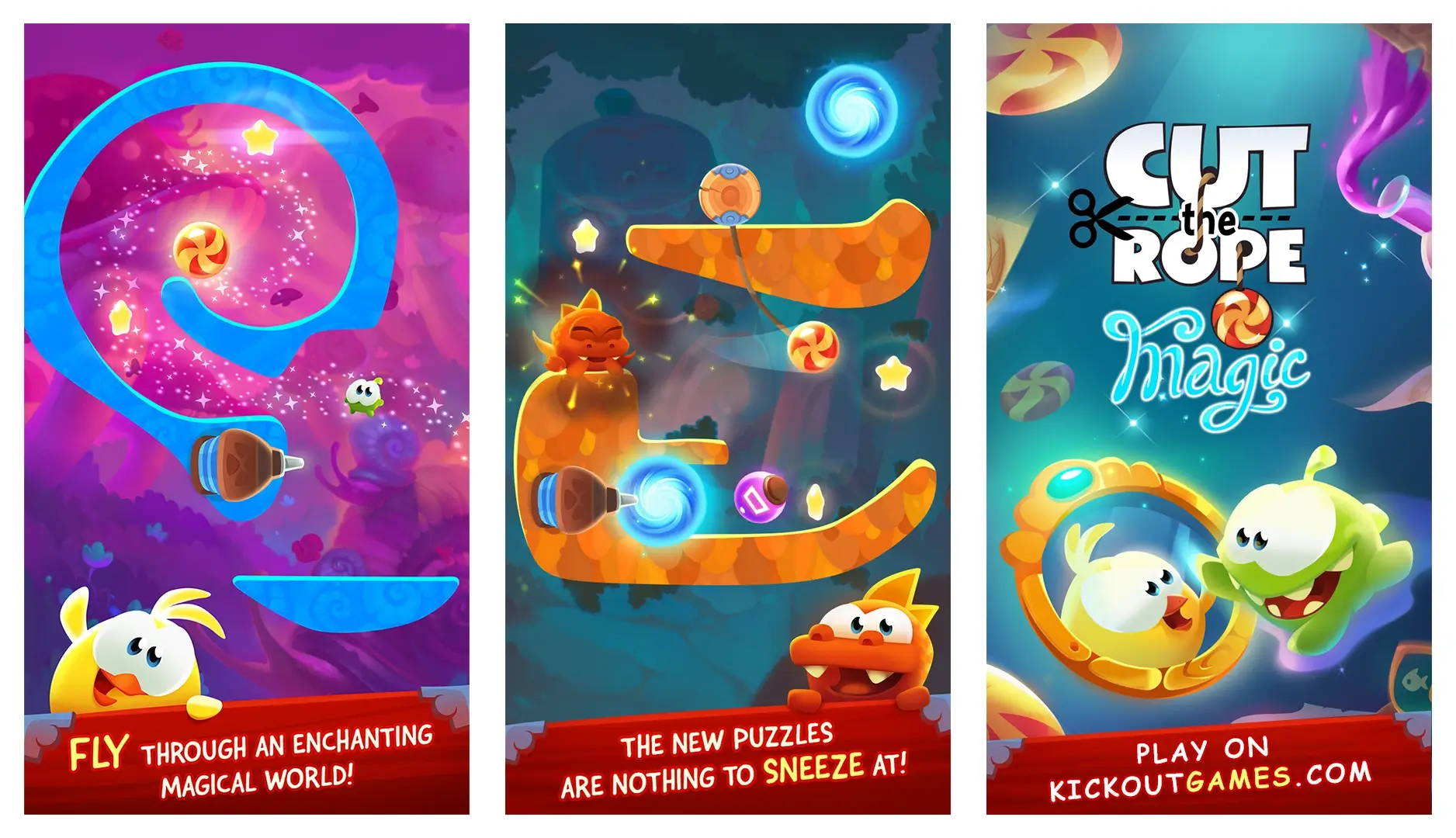 Cut the Rope Magic Unblocked gameplay showing Om Nom’s magical transformations and boss level puzzles