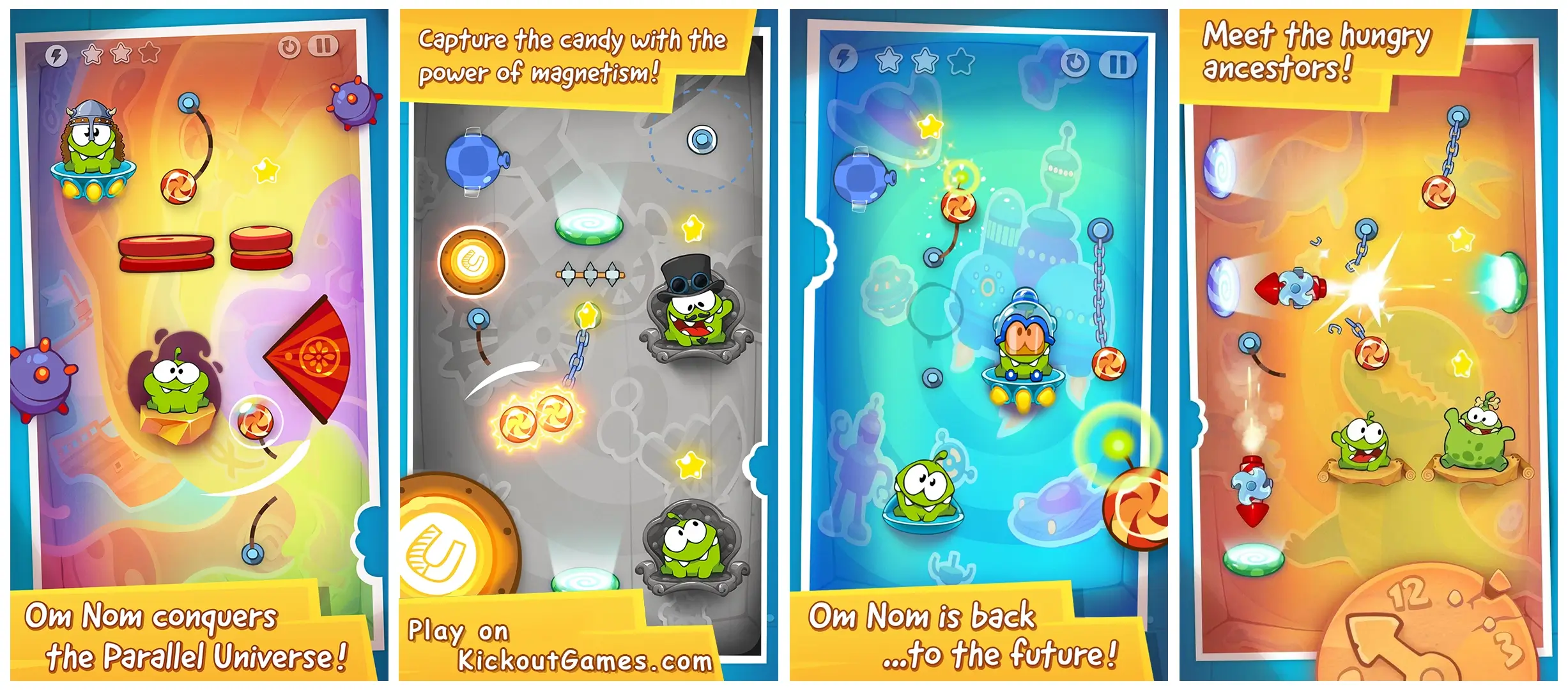 Cut the Rope Time Travel gameplay showing Om Nom feeding ancestors across time periods.
