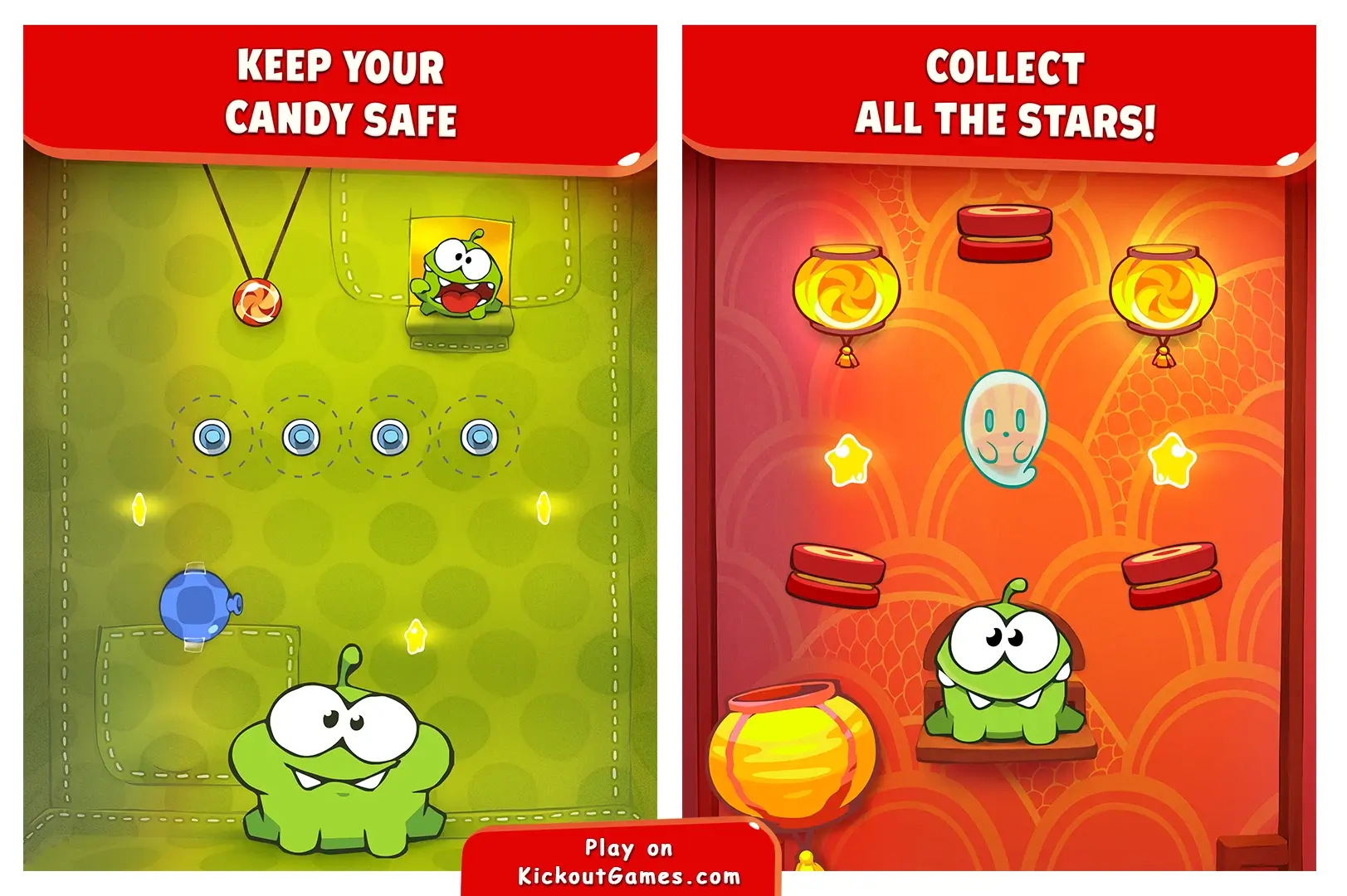 Cut the Rope Unblocked puzzle with bubbles, air cushions and lanterns