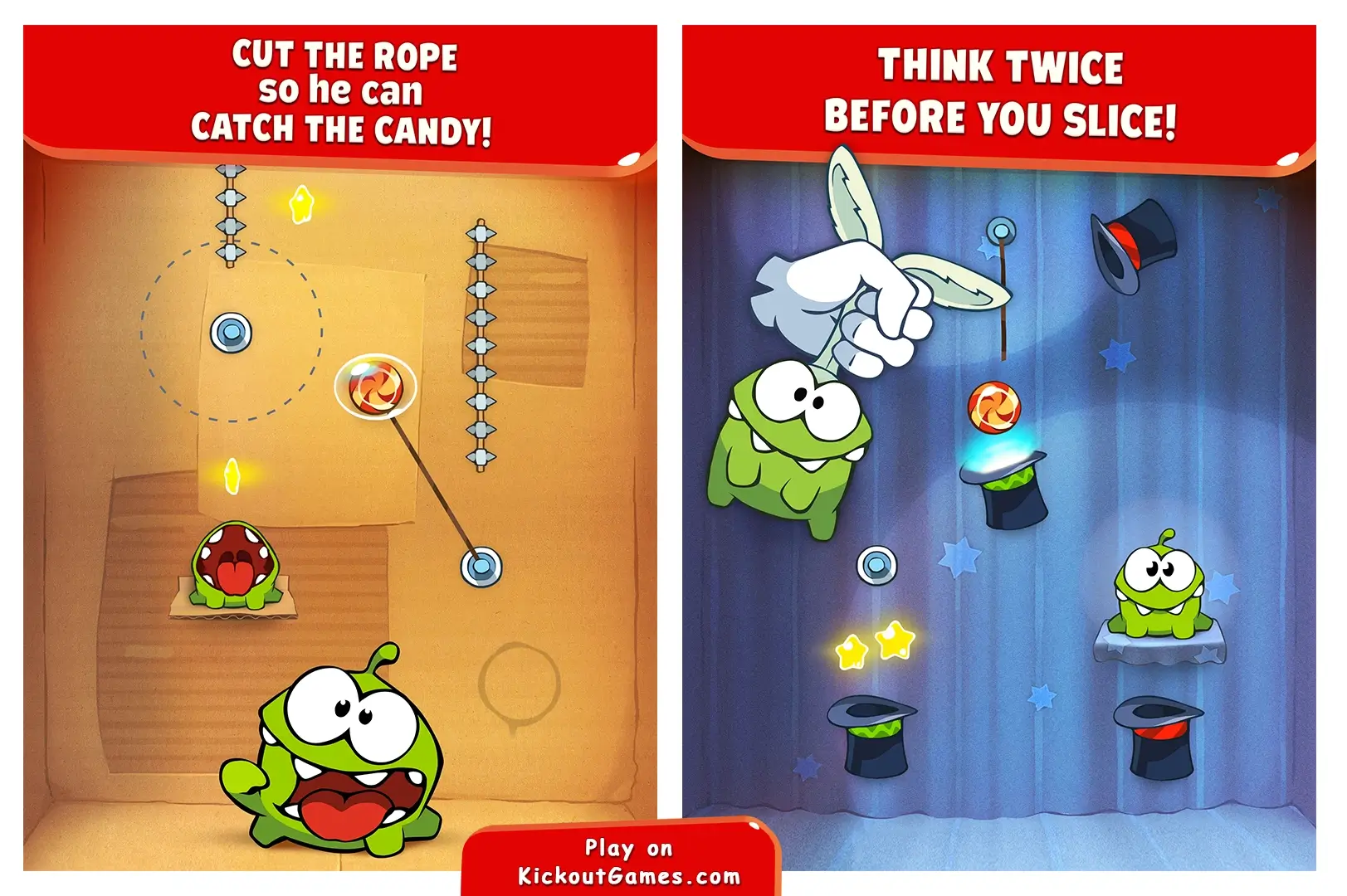Cut the Rope Unblocked gameplay showing Om Nom collecting stars and cutting ropes