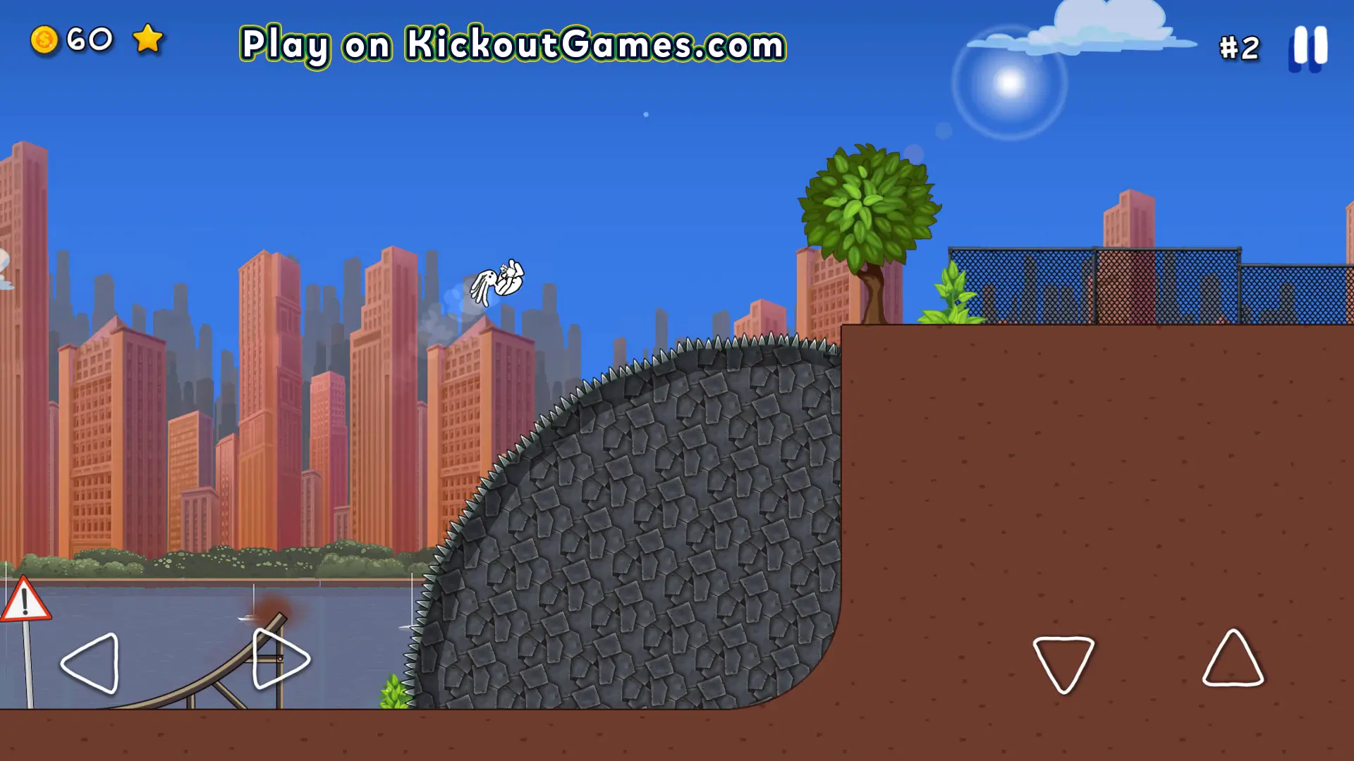 Dreadhead Parkour gameplay showing a character jumping over spikes in a city skyline background on KickoutGames.com