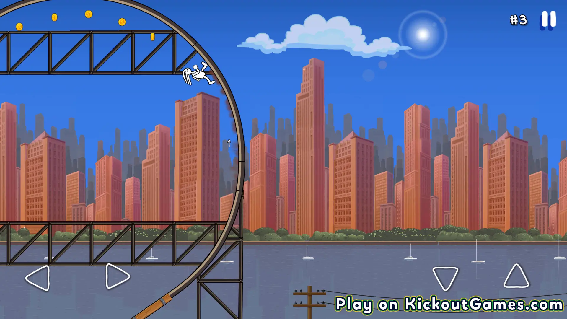 Dreadhead Parkour gameplay featuring the player running through a loop track collecting coins over a river city background