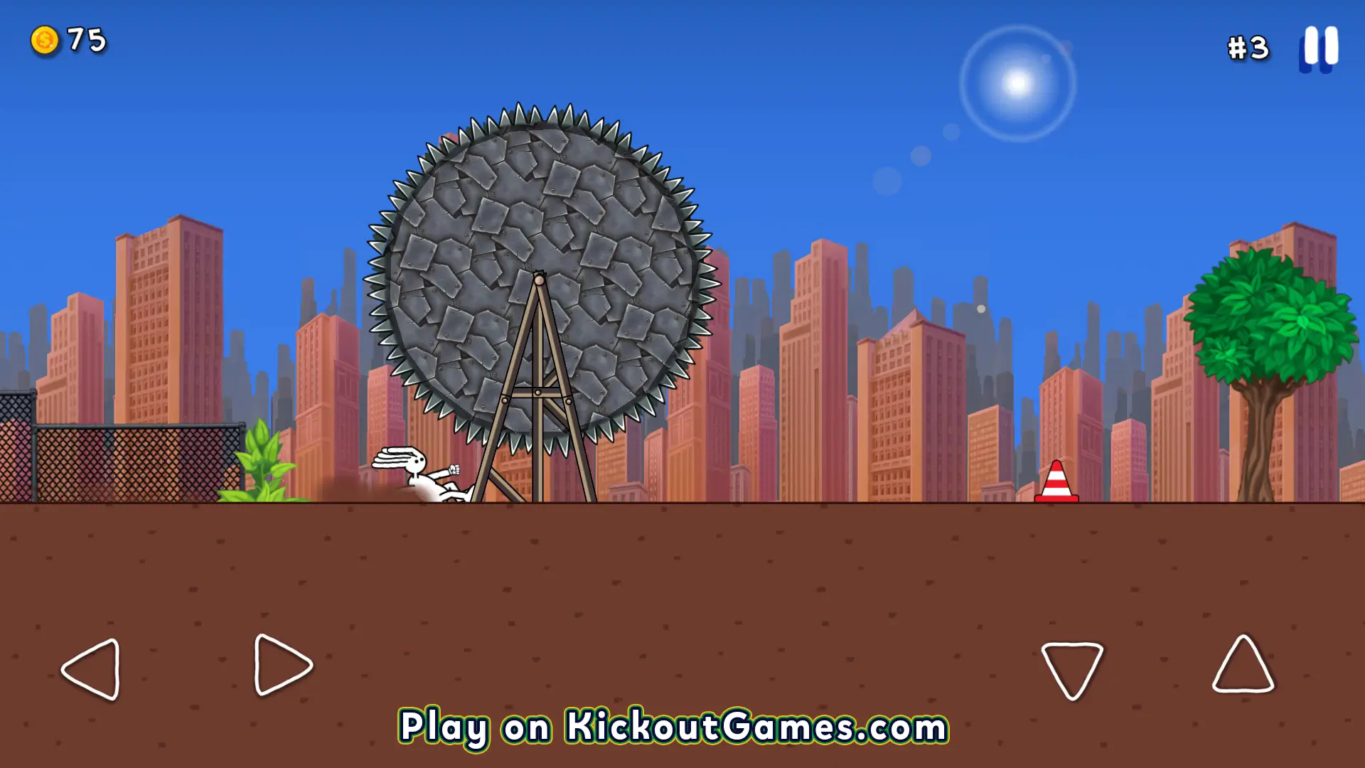 Dreadhead Parkour player running near a giant rotating spiked wheel obstacle in a 2D city platform evel