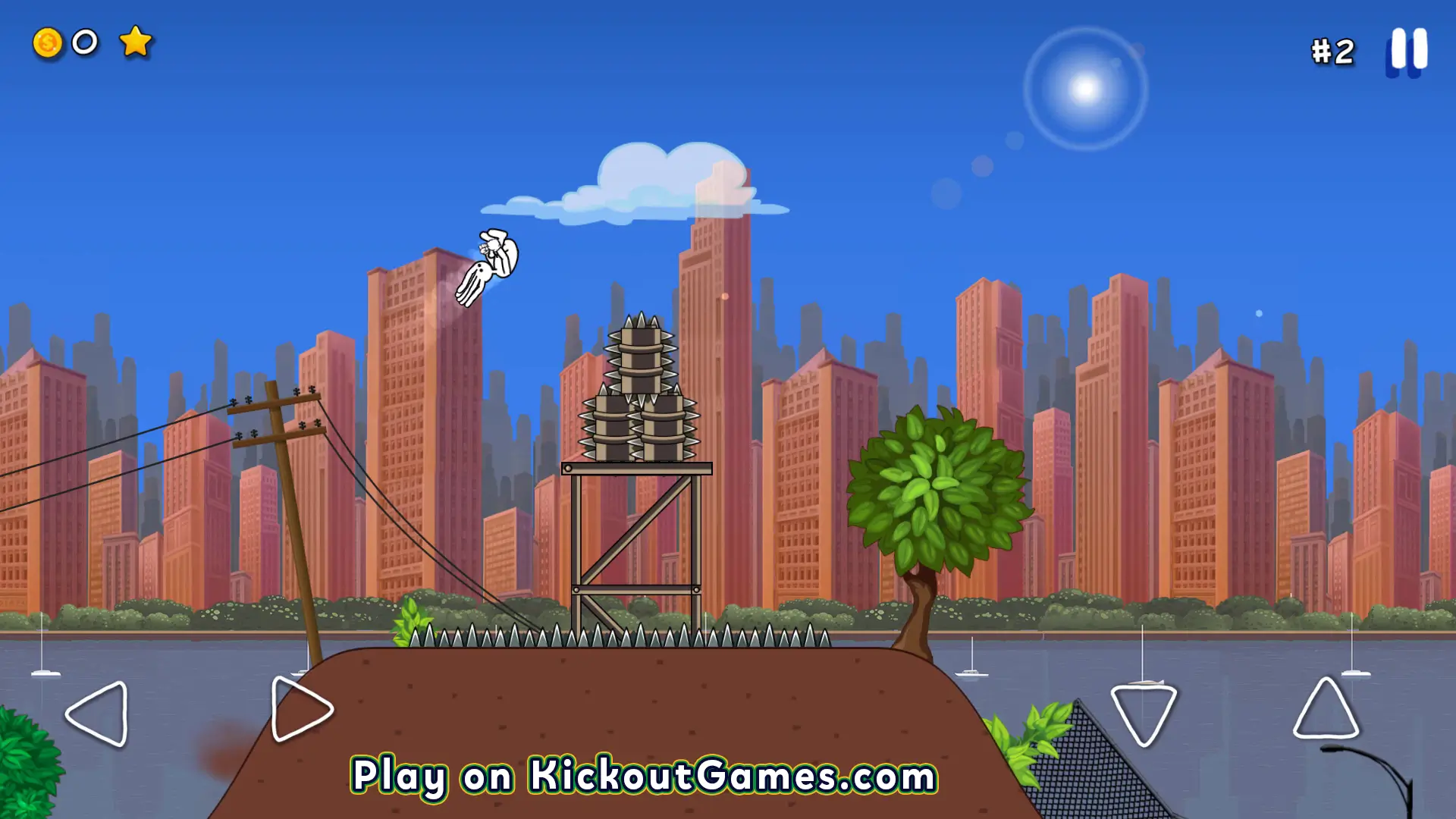 Dreadhead Parkour stickman jumping across rooftops and spikes in a colorful urban skyline