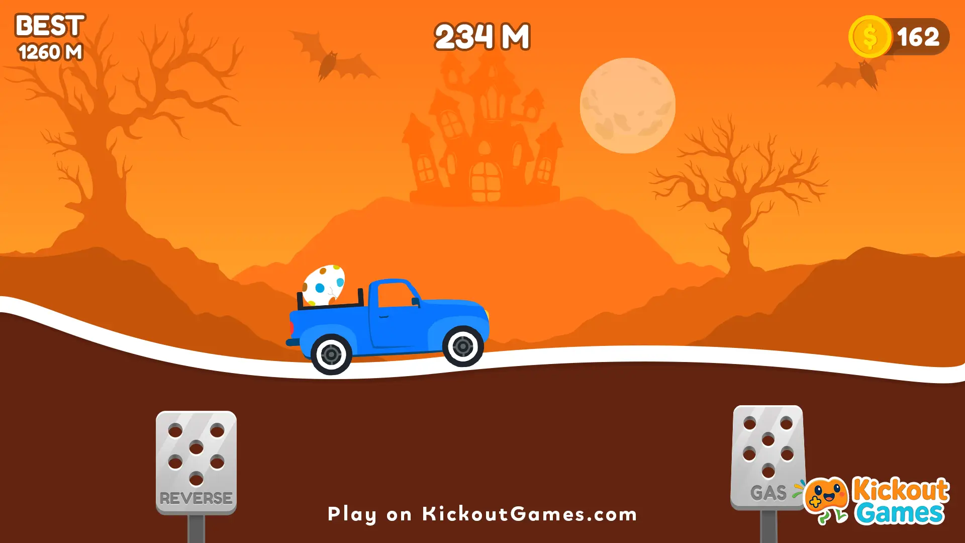 Eggy Car gameplay in spooky Halloween map with blue pickup and egg on hills