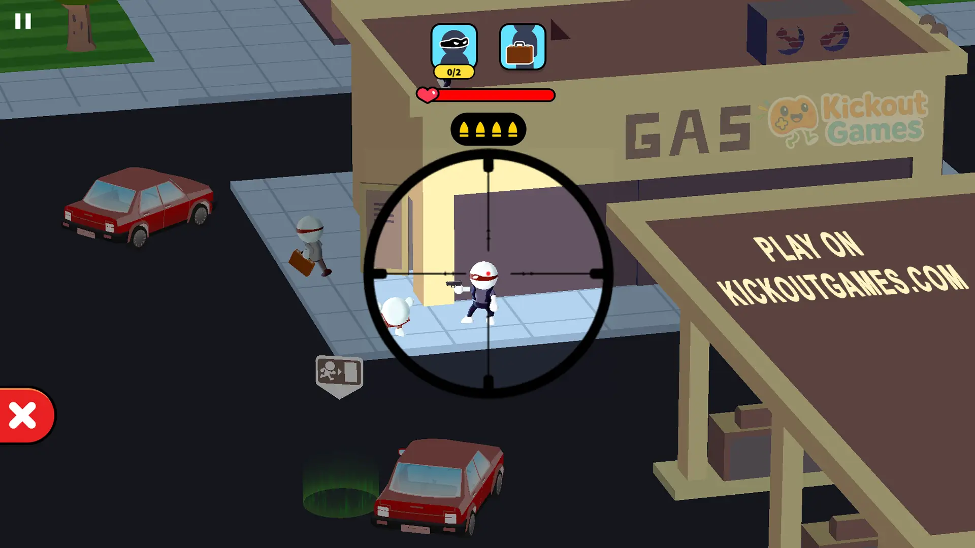 Close-up sniper aim at criminals near gas station in Johnny Trigger Sniper