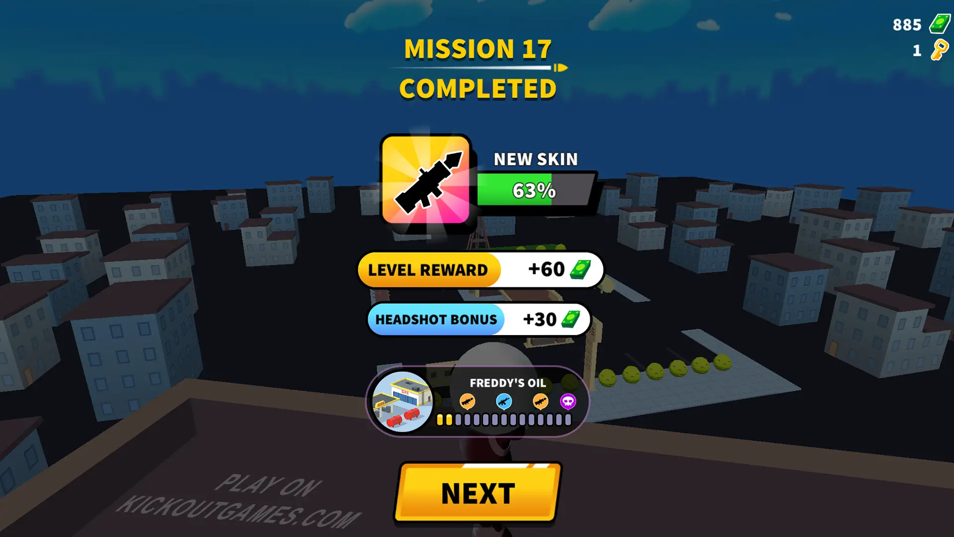 Johnny Trigger Sniper mission complete screen with level reward and headshot bonus