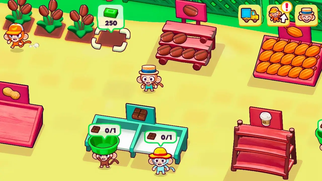 Monkey Mart gameplay: harvCash register scene in Monkey Mart with customers waiting and money pileesting crops and stocking supermarket shelves