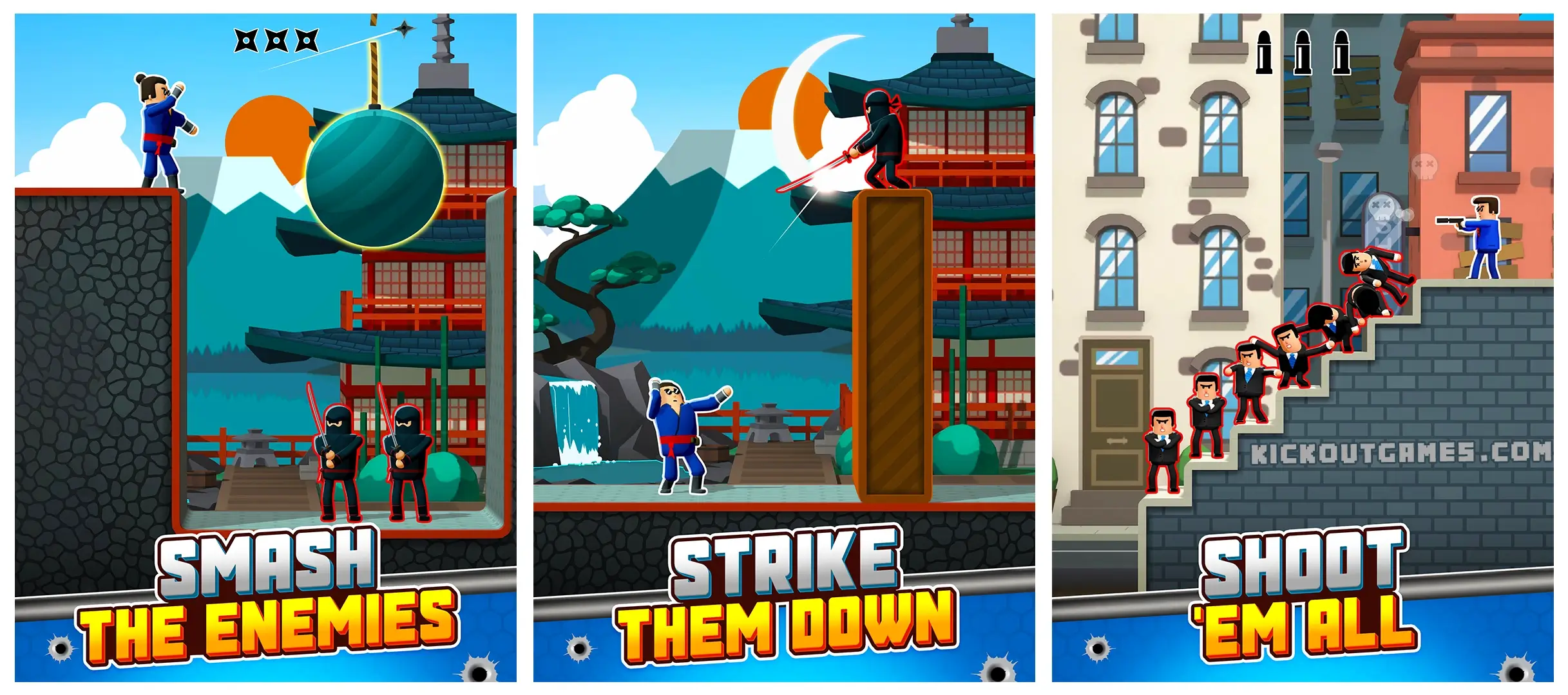 Mr Bullet 3D gameplay showing player throwing shuriken to smash ninja enemies