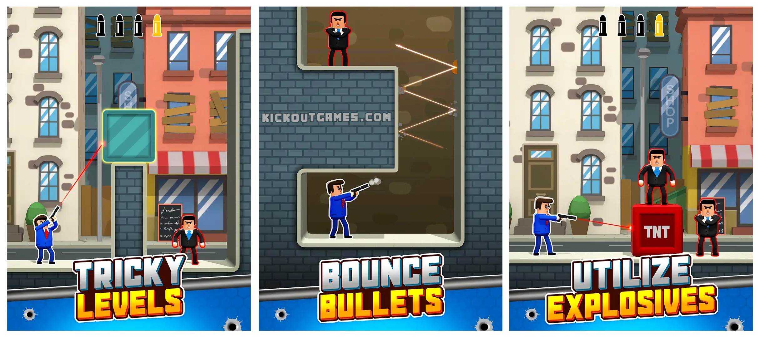Mr Bullet 3D puzzle levels featuring ricochet bullets and TNT traps