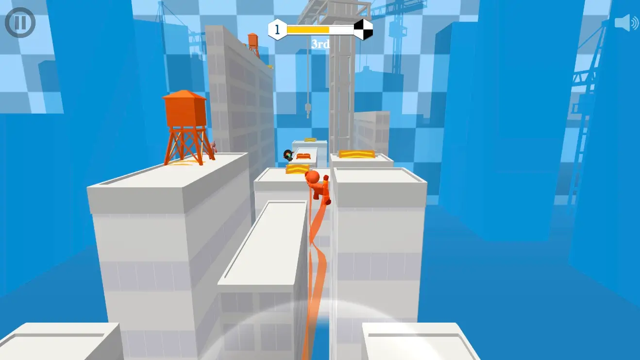 Parkour Race gameplay showing a red stickman jumping between buildings and swinging on ropes in a city setting.