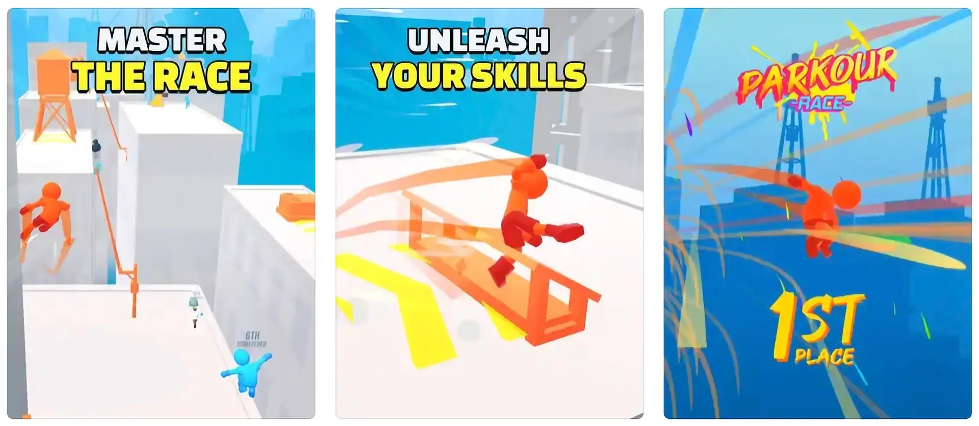 Parkour Race gameplay collage showing stickman players mastering parkour skills, racing on rooftops, and reaching first place.