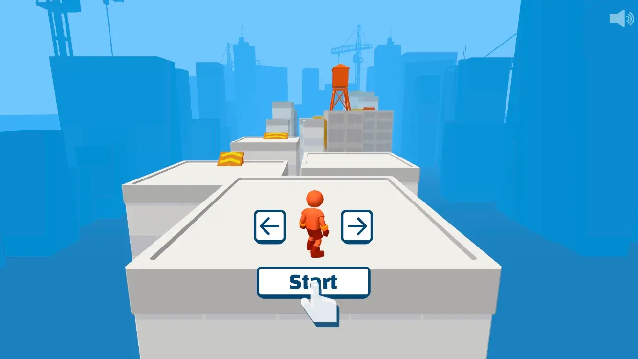 Parkour Race game start screen showing a red stickman ready to run across rooftops in a blue city background.