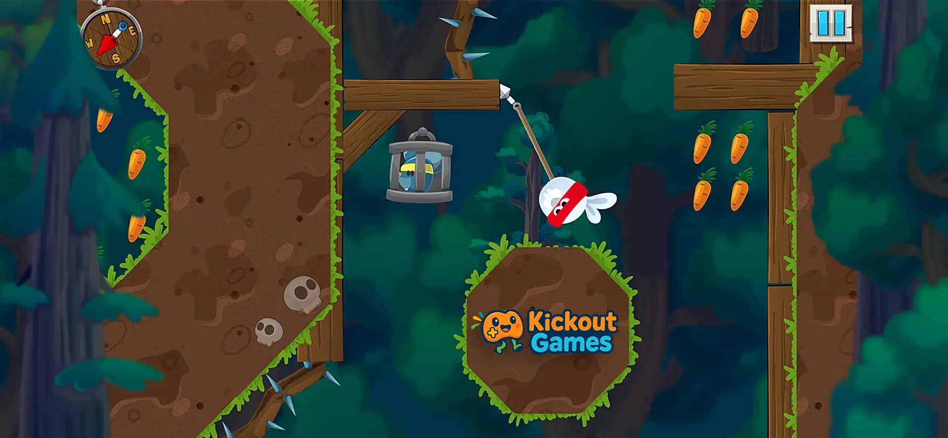 Rabbit Samurai 2 Unblocked gameplay showing rabbit swinging through forest using grappling hook