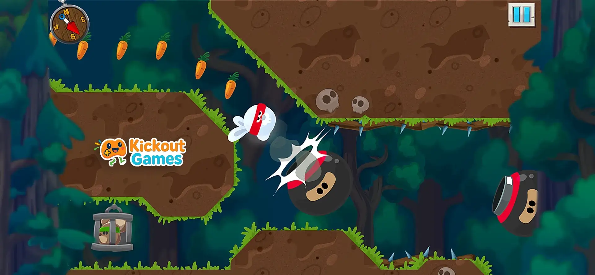 Rabbit Samurai 2 Unblocked gameplay showing rabbit avoiding spikes and swinging past traps