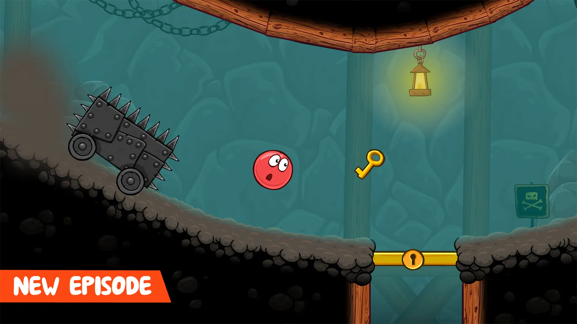 Red Ball solving a cave level puzzle and collecting a golden key in Red Ball 4