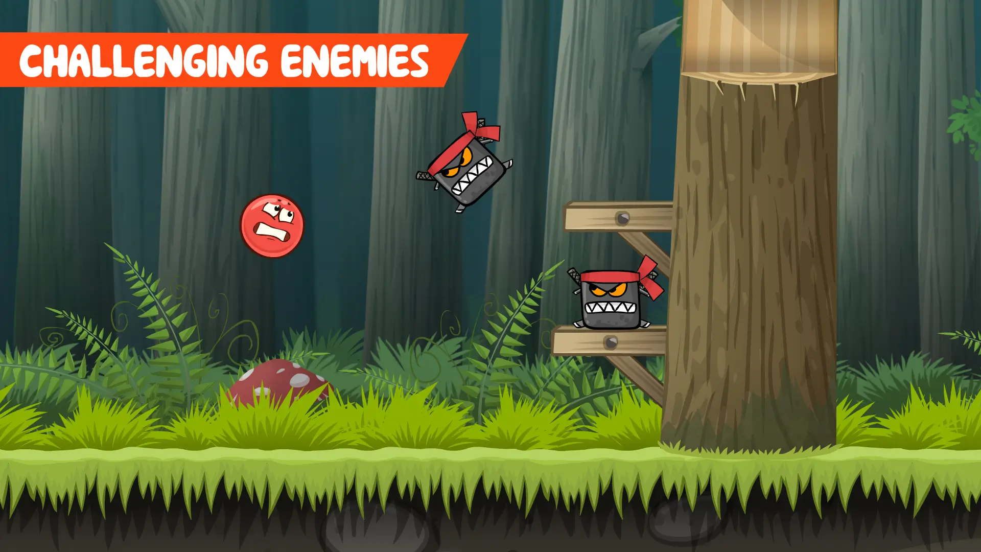 Red Ball facing off against ninja cube enemies in a forest level of Red Ball 4