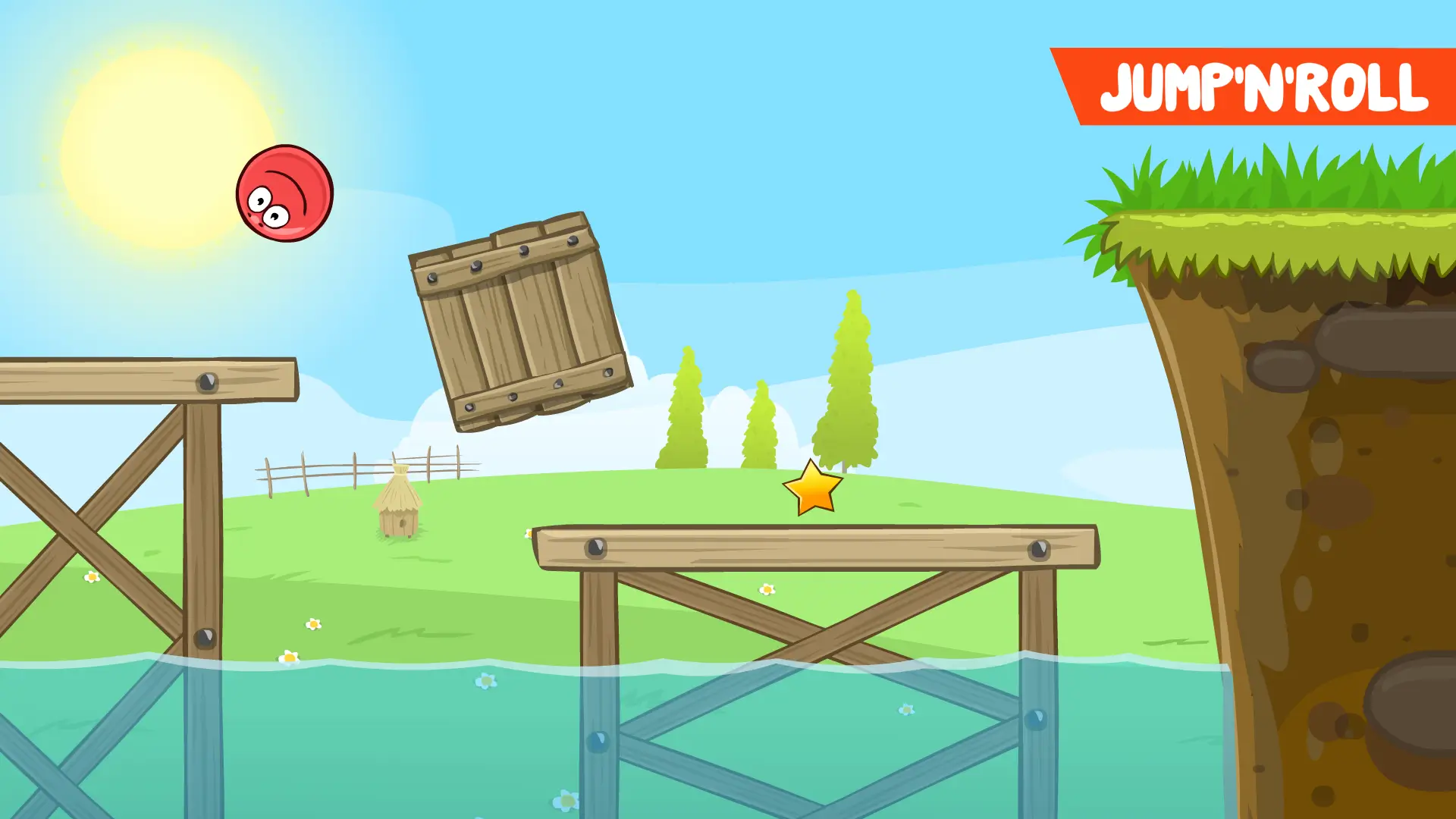 Red Ball jumping over wooden platforms to collect stars in Red Ball 4
