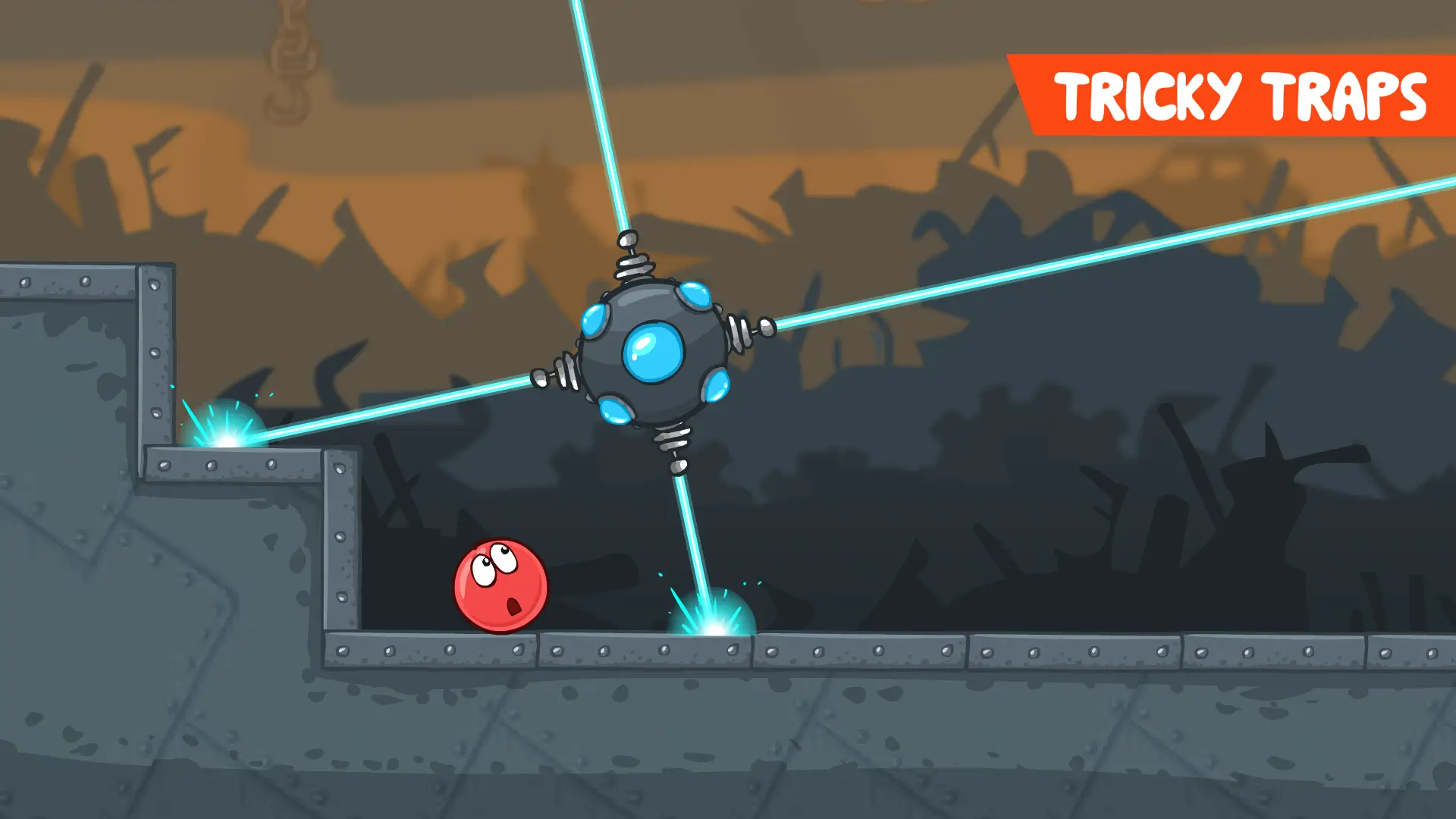 Red Ball avoiding blue laser traps in an industrial level of Red Ball 4
