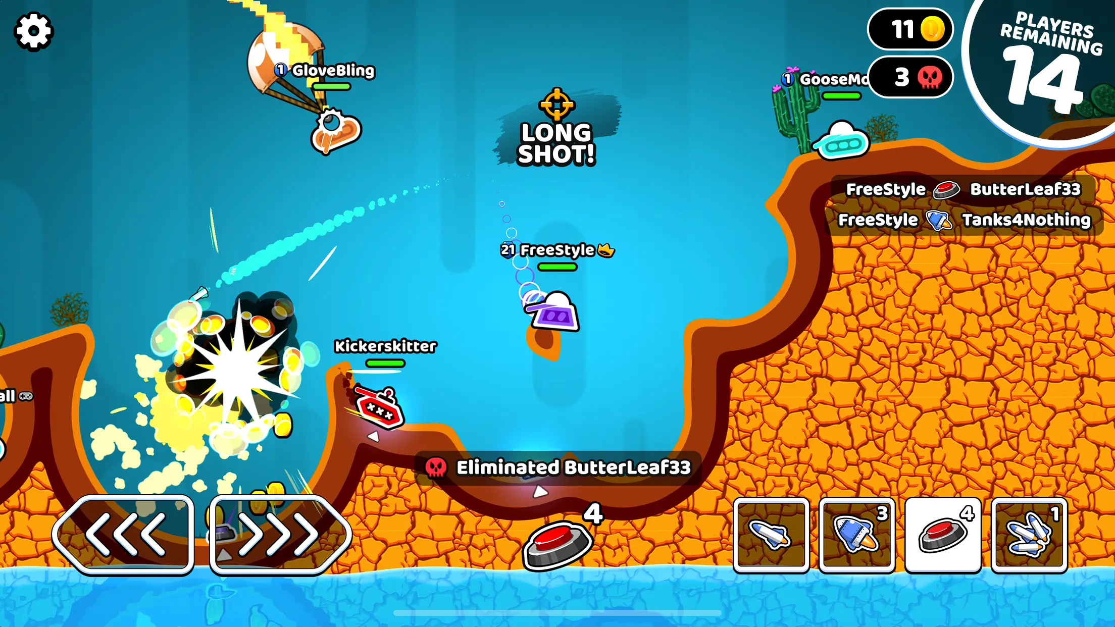 Rocket Bot Royale gameplay screenshot showing tanks battling on destructible terrain with rockets, grappling hooks, and explosions in a 2D multiplayer battle royale match.