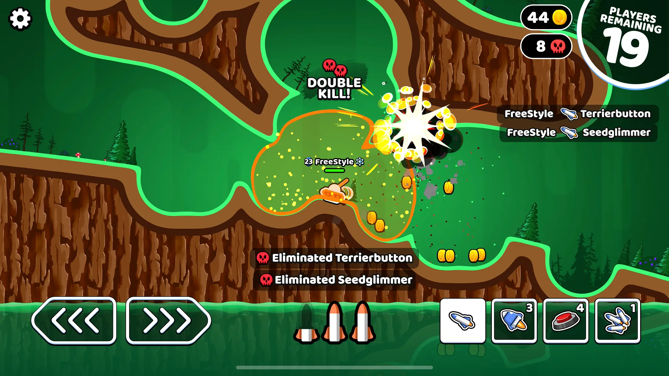 Rocket Bot Royale gameplay screenshot featuring a tank achieving a double kill with rocket explosions on destructible terrain in a 2D multiplayer battle royale match.