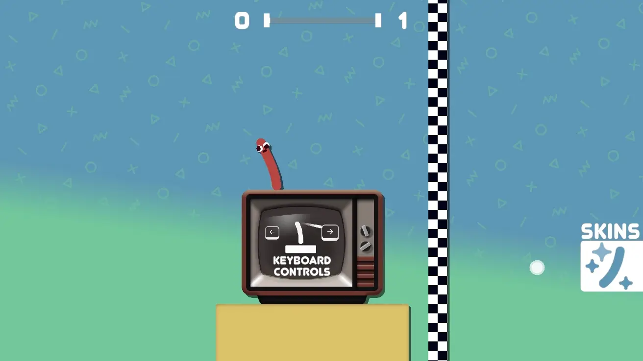 Sausage Flip gameplay screen showing keyboard control instructions with a sausage character standing on a TV.