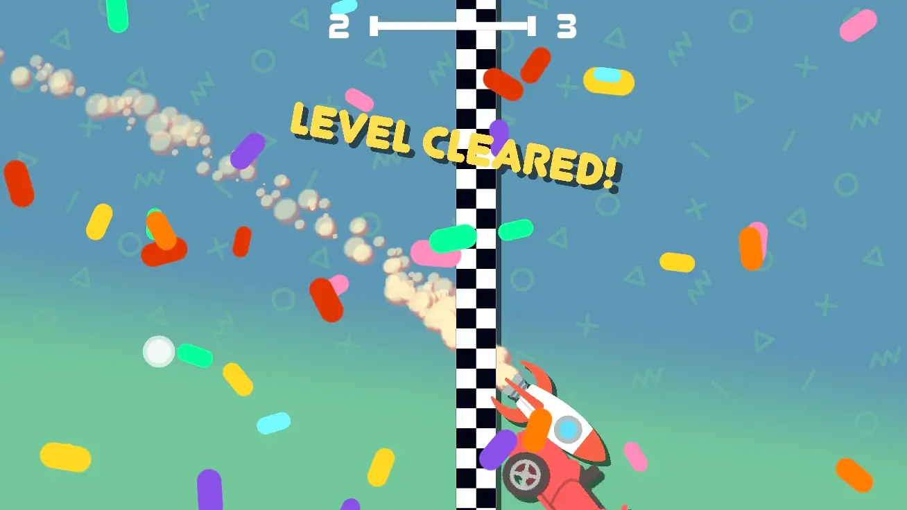 Sausage Flip game level cleared screen showing confetti celebration as the sausage reaches the finish line.