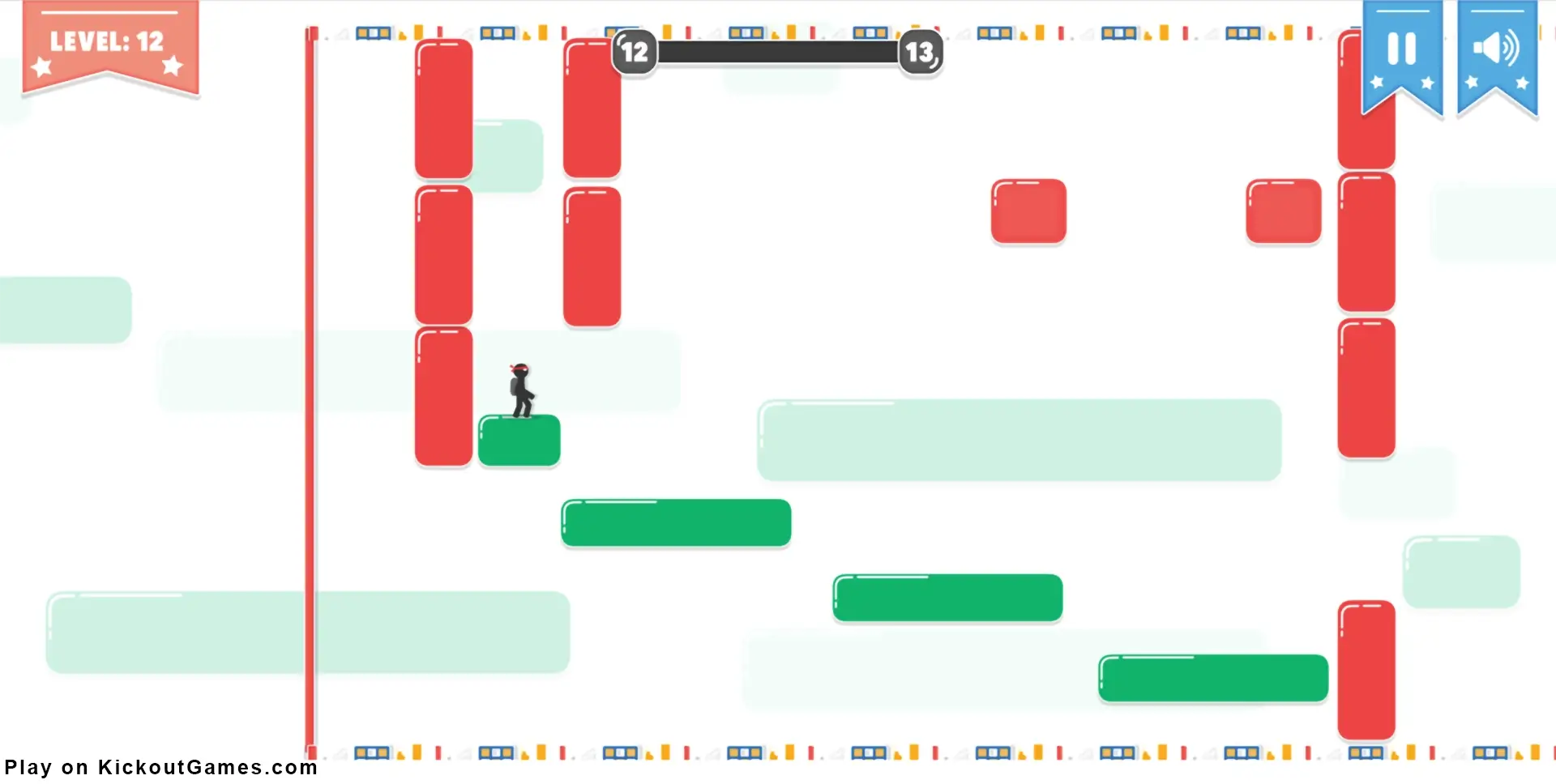 Stickjet Challenge Unblocked gameplay showing stickman flying between red and green platforms