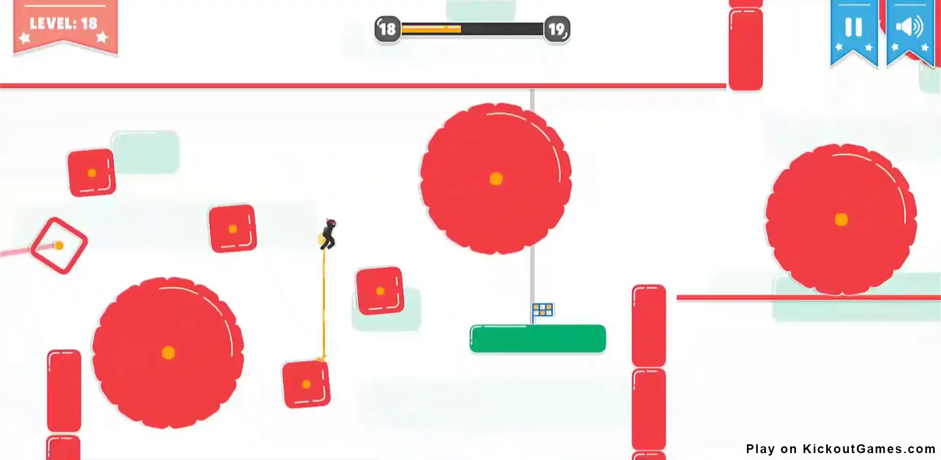 Stickjet Challenge Unblocked level 18 gameplay with rotating red obstacles and tight gaps