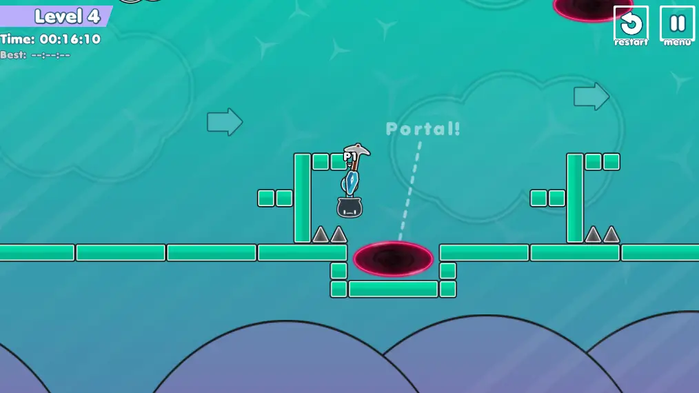 A screenshot from the Stickman Climb 2 game, showing the player carefully rotating their character around the pickaxe to navigate an obstacle.