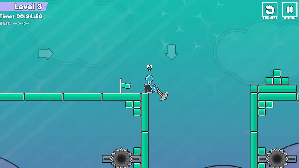 A stickman character from the Stickman Climb 2 game, using a pickaxe to swing over a dangerous spike pit.