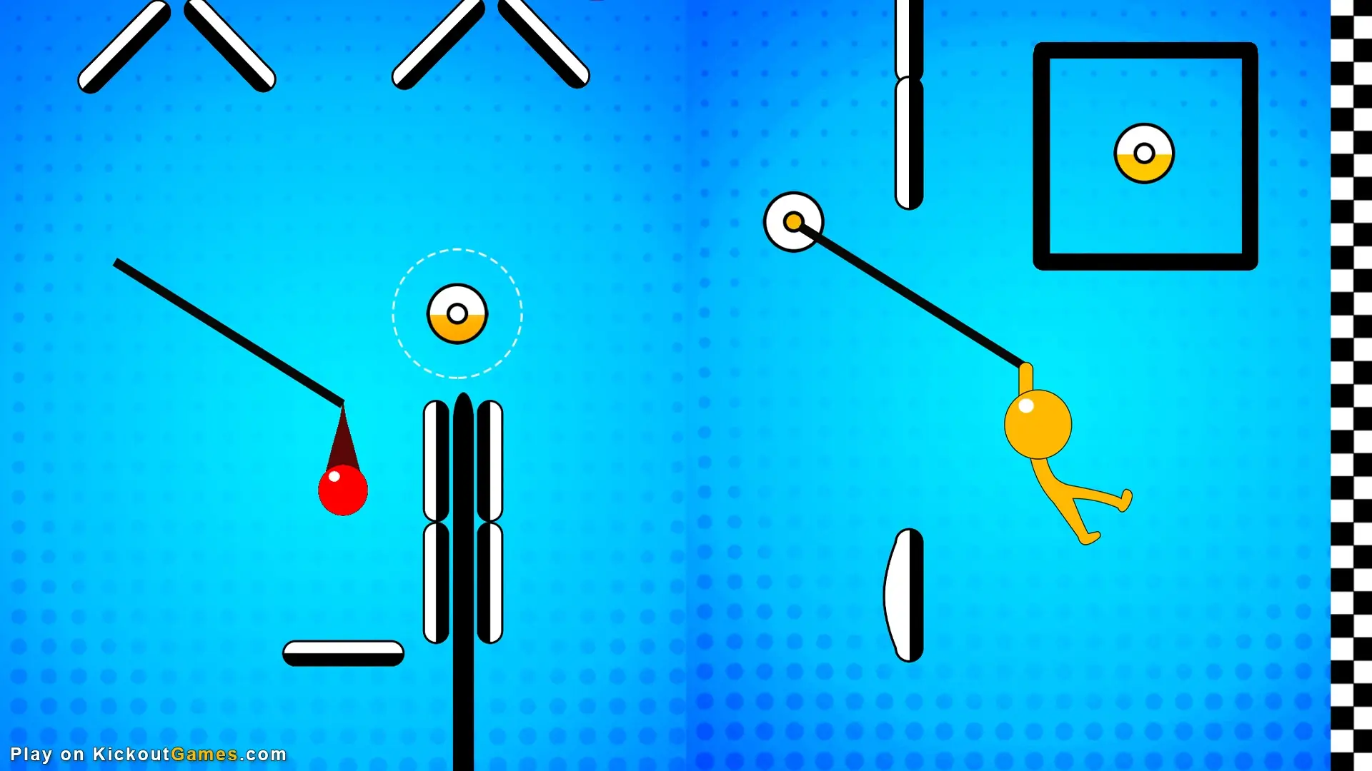 Stickman Hook gameplay featuring hook attachments and goal checkered finish