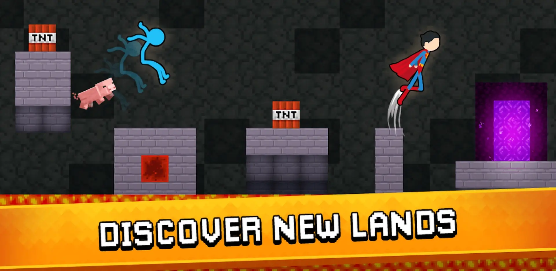 Stickman Parkour 3 exploring dark levels with TNT blocks and teleportation portals
