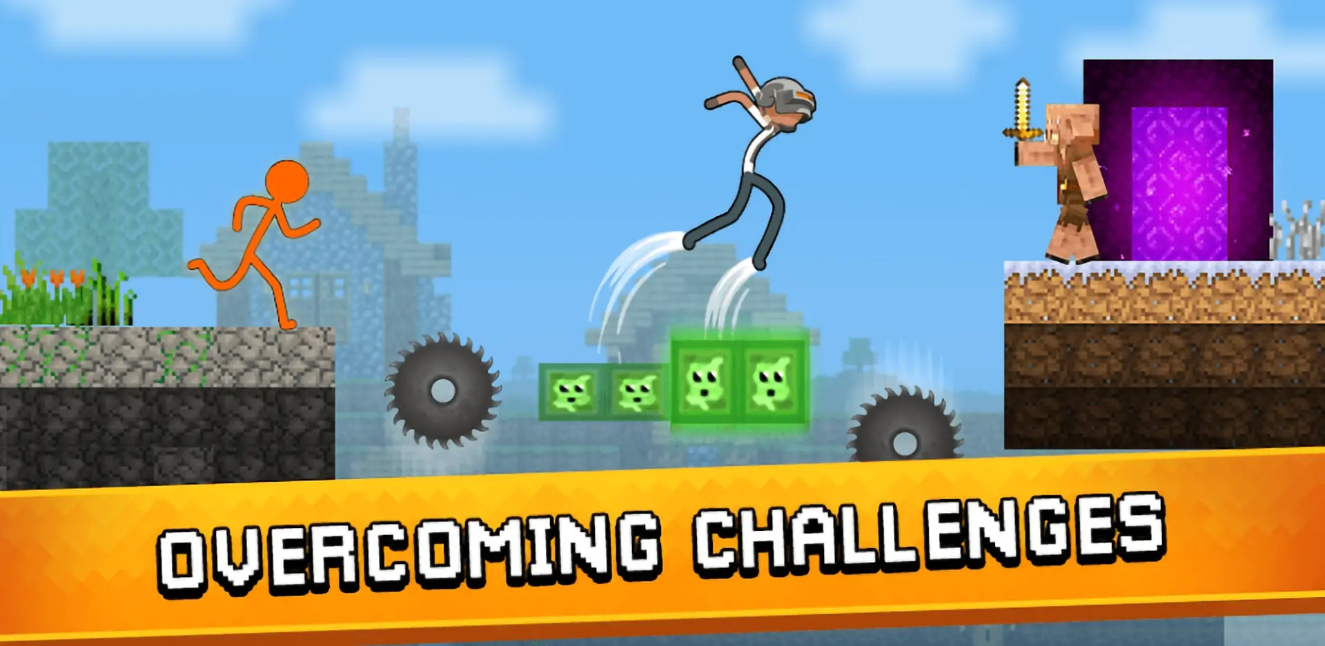 Stickman Parkour 3 characters jumping over spinning saws and green slime obstacles