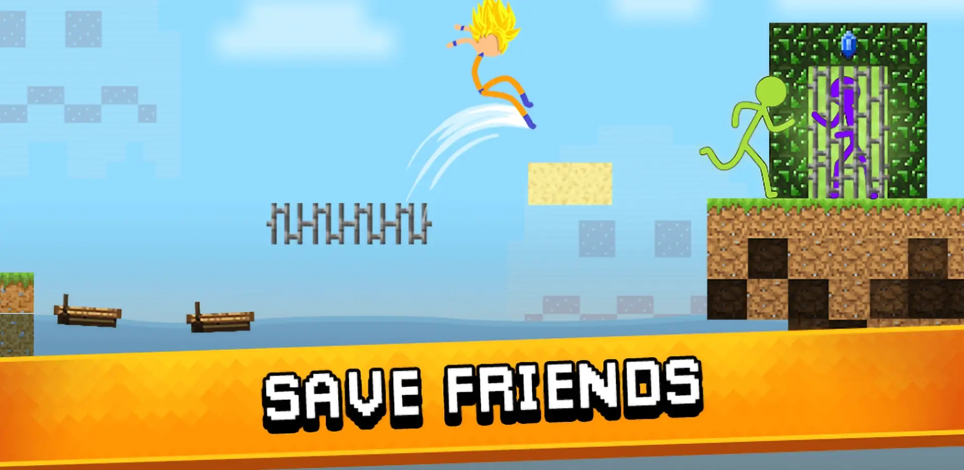 Stickman Parkour 3 level showing a stickman jumping to rescue teammates near spikes