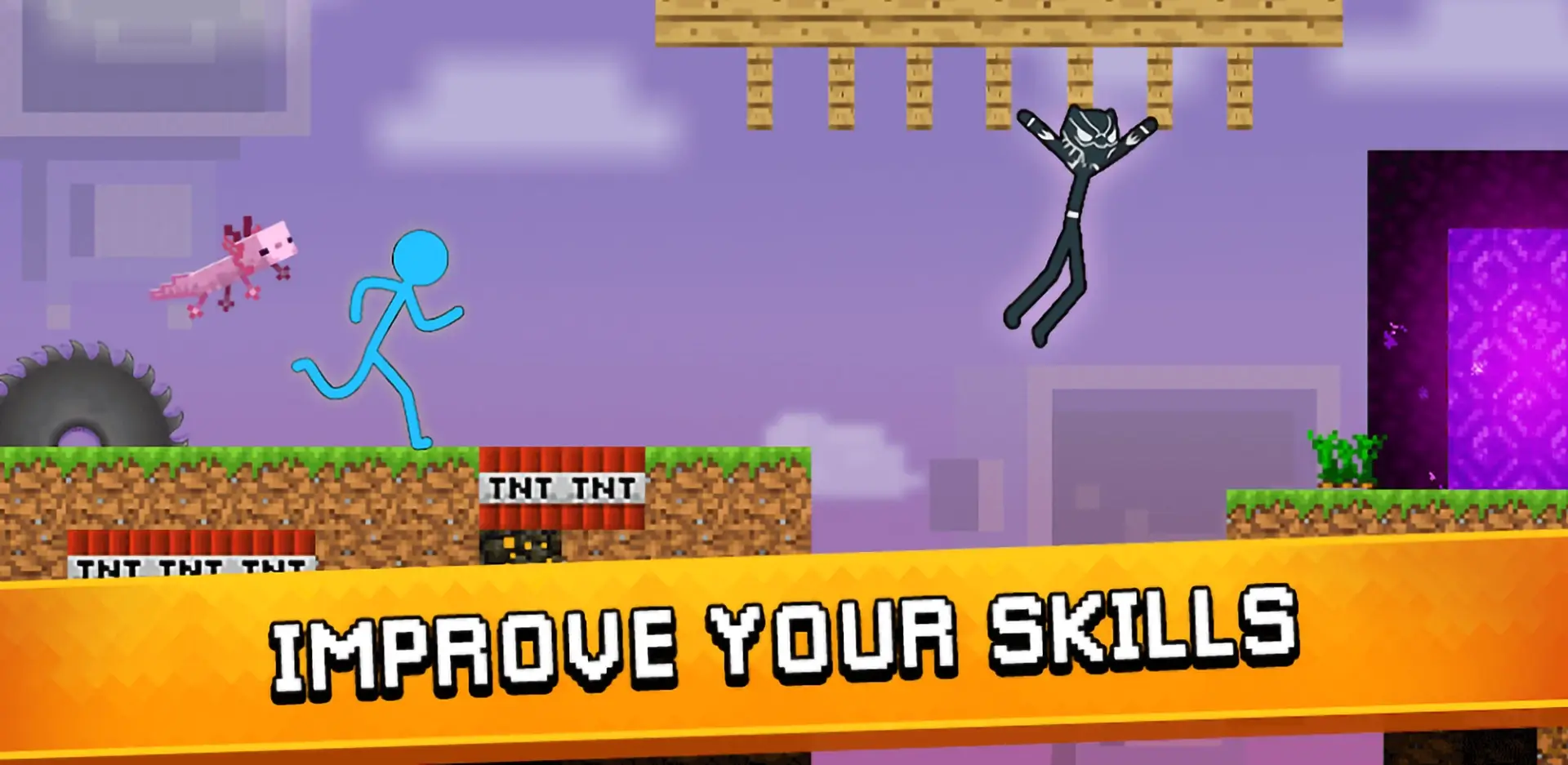 Stickman Parkour 3 level showing stickmen avoiding TNT traps and improving parkour skills
