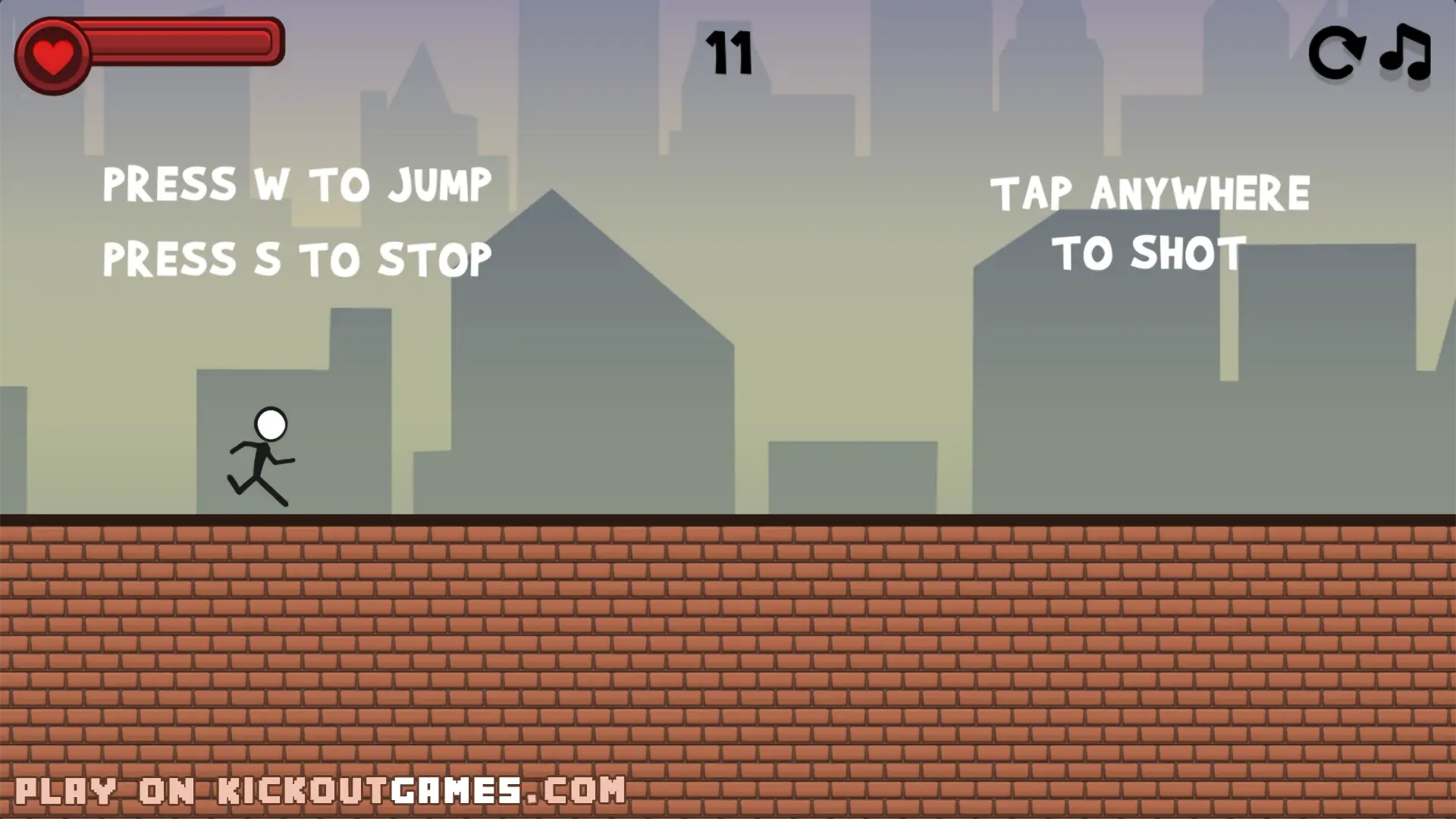 Stickman Race Unblocked gameplay showing stickman running on rooftops with tutorial controls displayed