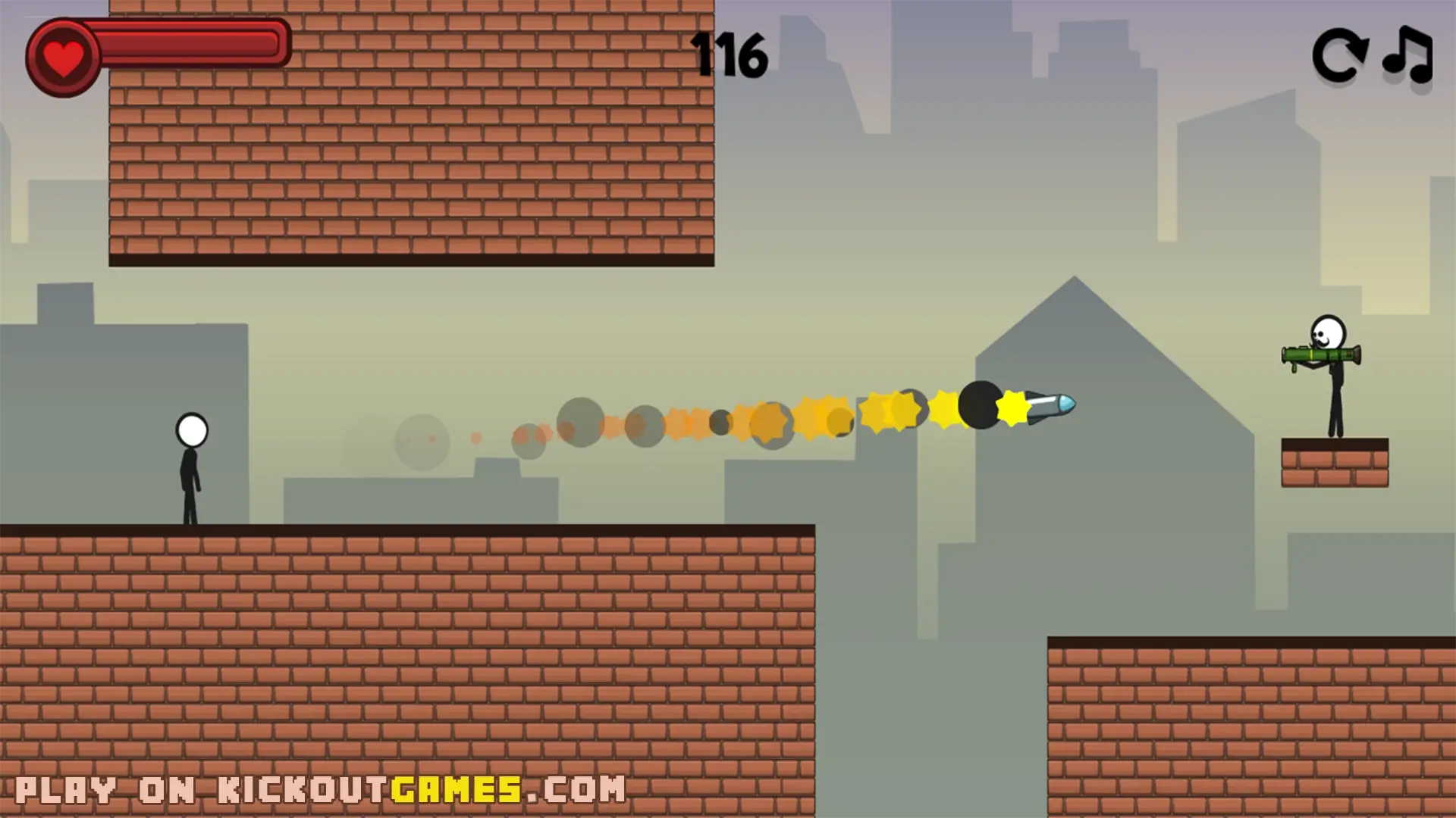 Stickman Race Unblocked gameplay showing player shooting at bazooka enemy across rooftops
