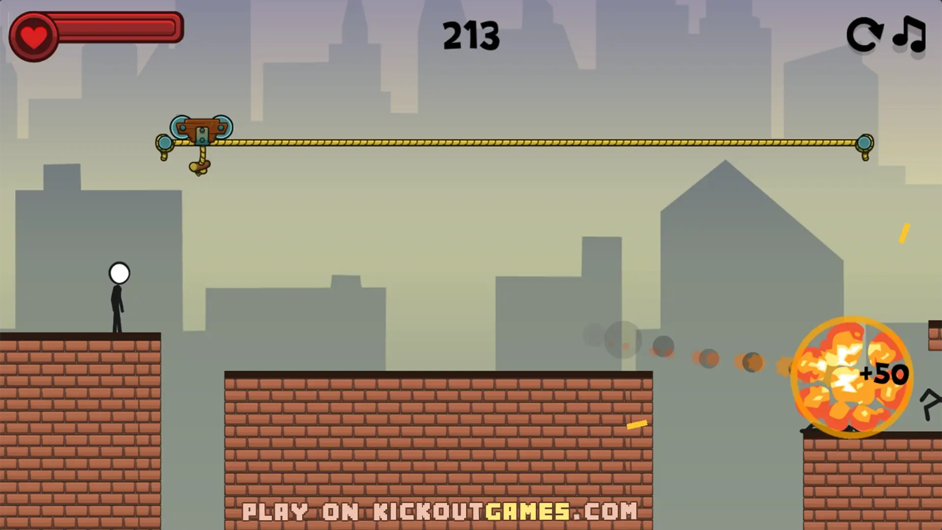 Stickman Race Unblocked gameplay showing stickman using zipline to cross large gaps