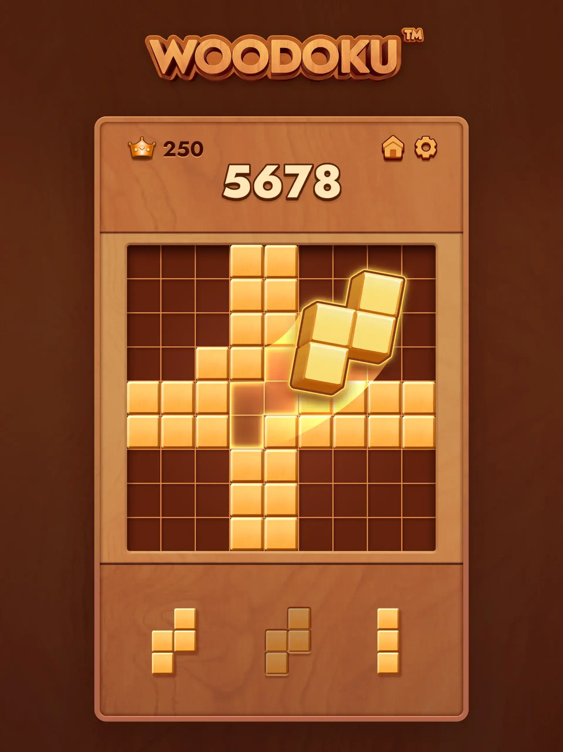 Woodoku game featuring a variety of wooden puzzle blocks on a 9x9 grid