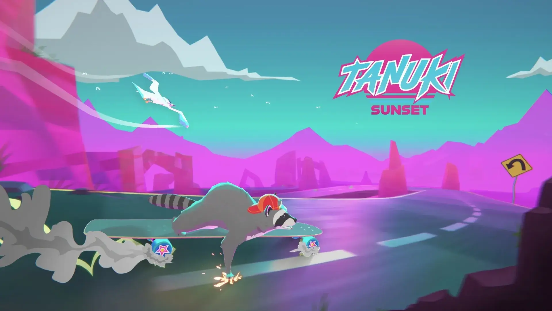 Tanuki the raccoon executing a stylish drift on a longboard down a winding coastal road at sunset.