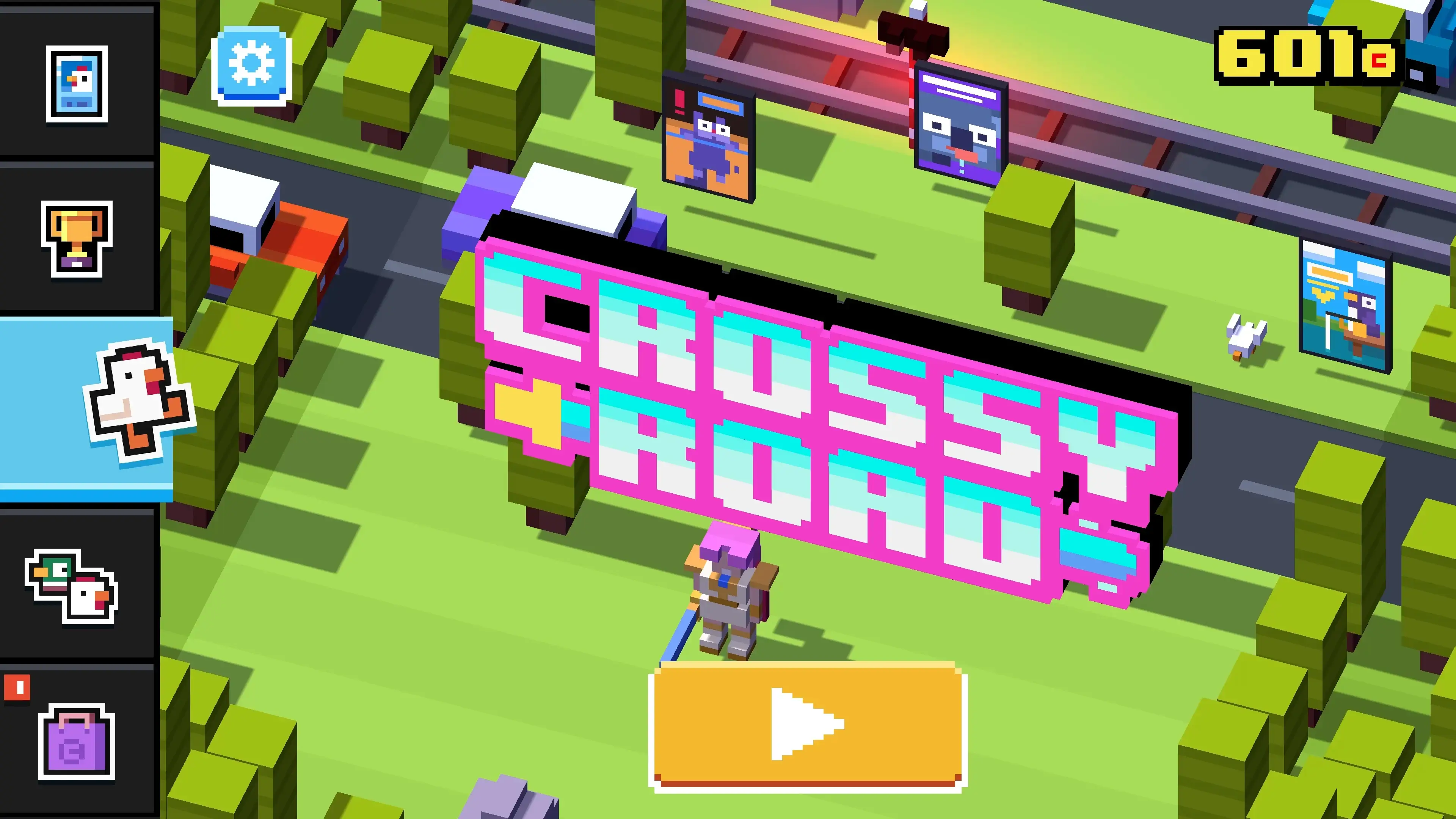Crossy Road character selection screen showing unlockable characters and the prize machine menu