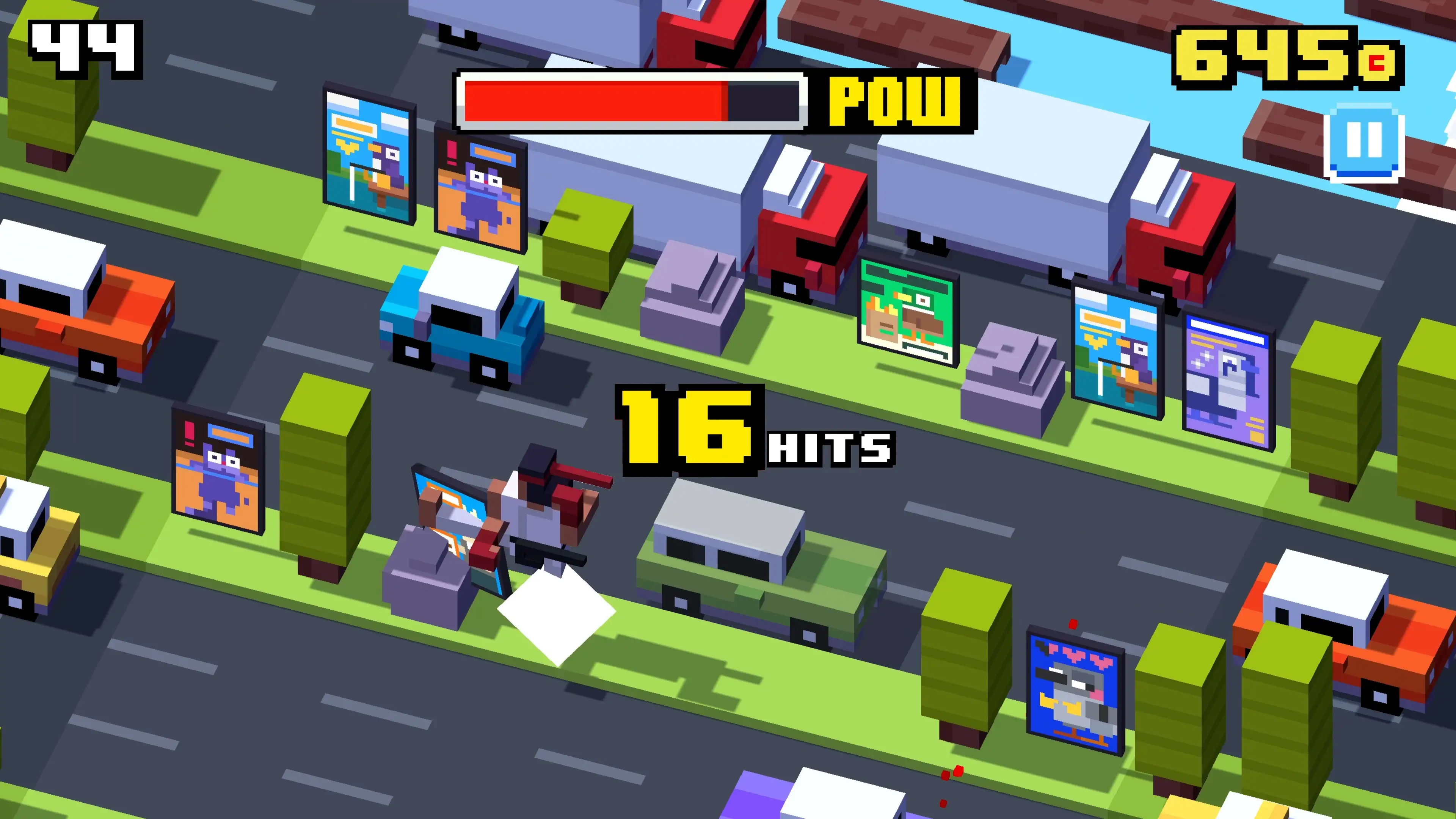 Crossy Road gameplay showing multiple busy roads filled with cars as the player reaches a 16-hit score