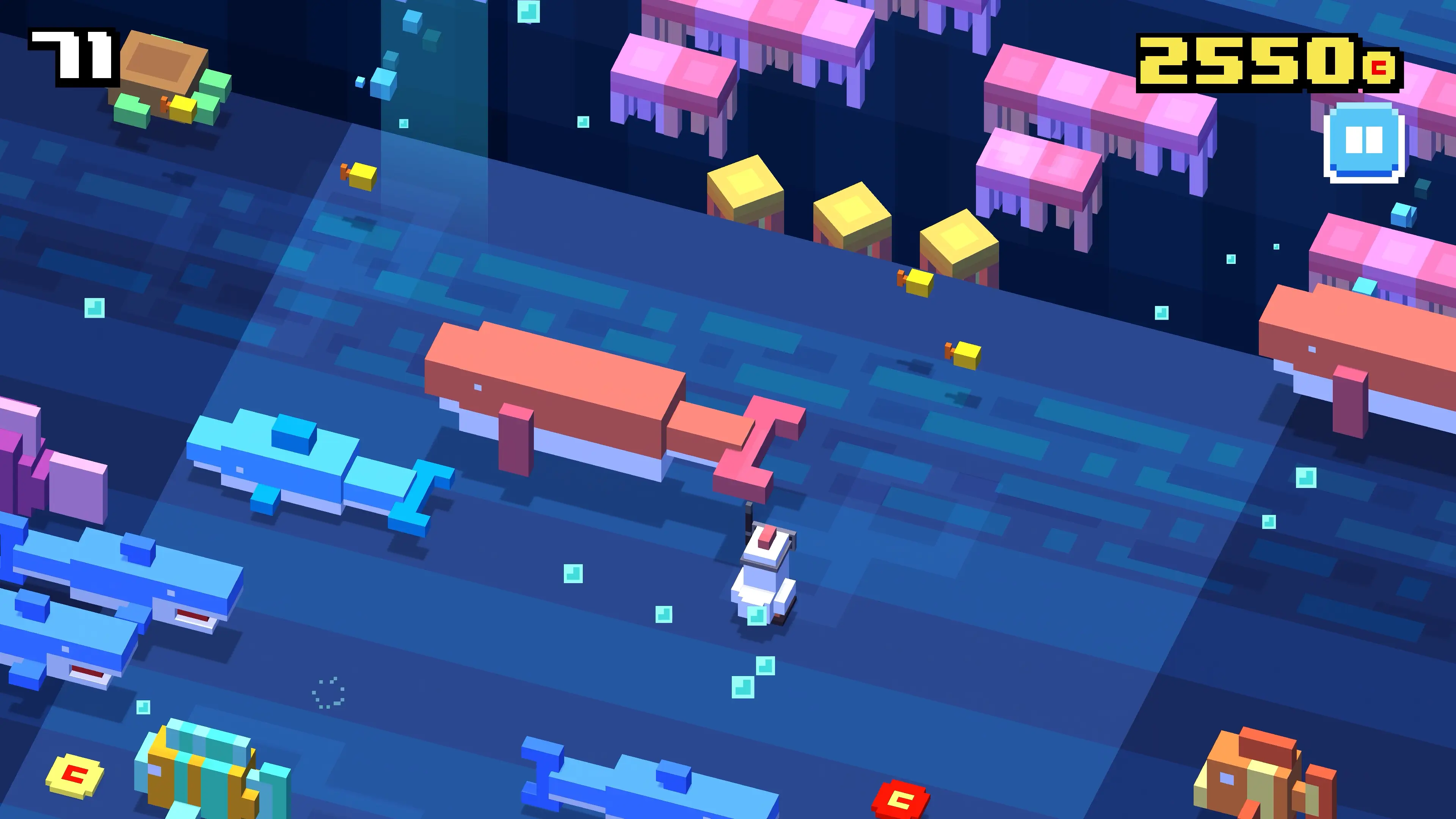 Crossy Road gameplay showing the chicken crossing a river by hopping on floating logs and avoiding water hazards
