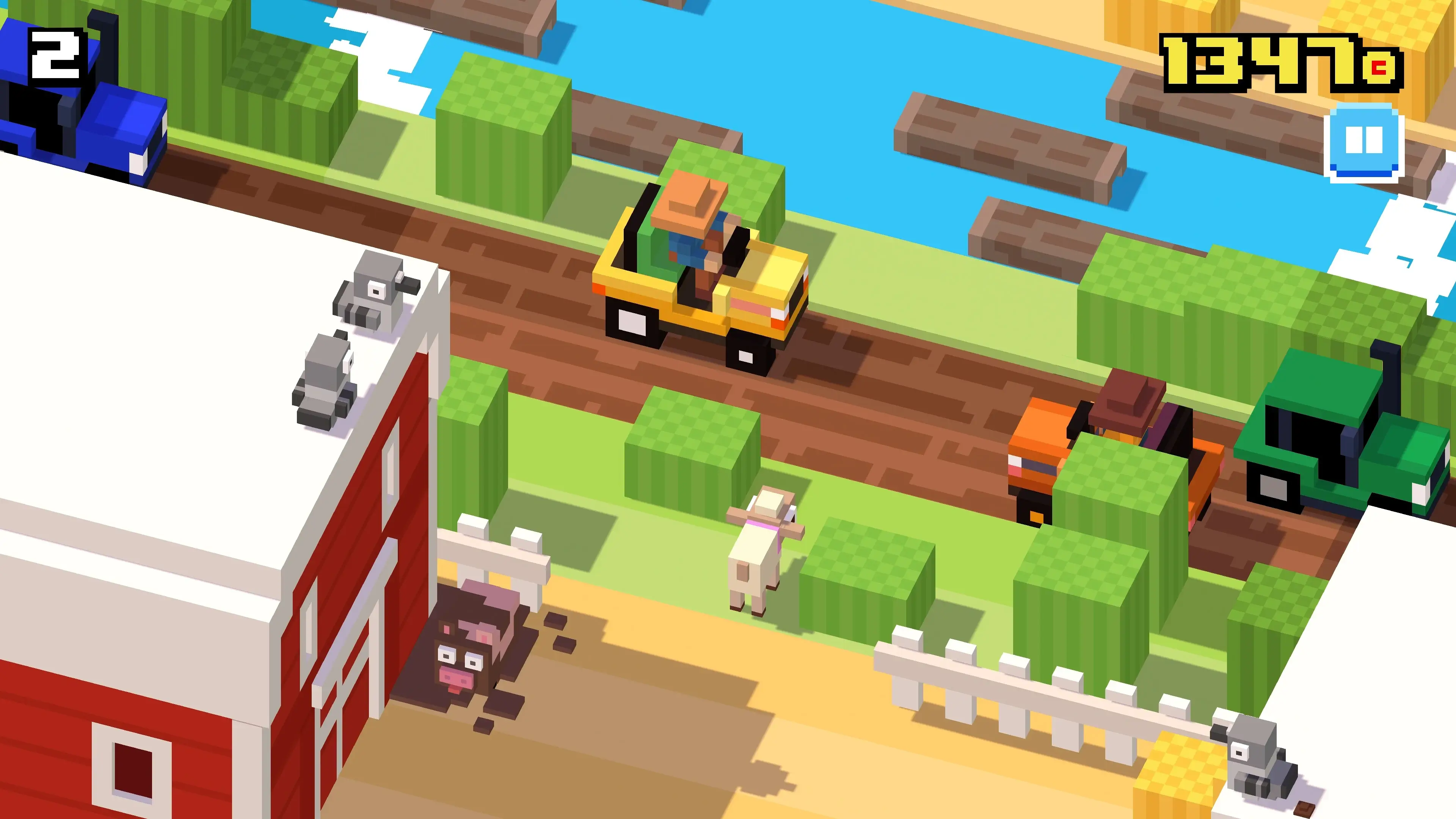 Crossy Road gameplay scene with cars driving on a road near a farm area while the character avoids traffic