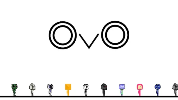 A stickman character from the 0v0 (OvO game) in mid-air, performing a skillful parkour jump over a series of deadly spikes.