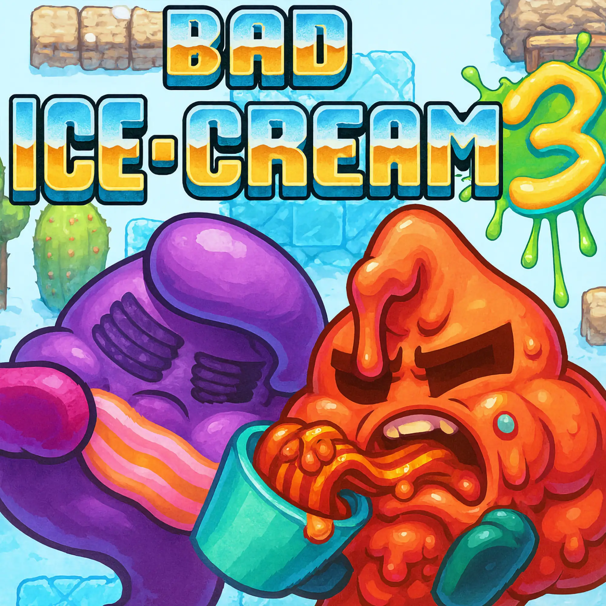 Two Bad Ice Cream characters working together to collect fruit while trapping monsters in ice blocks in Bad Ice Cream 3 game.