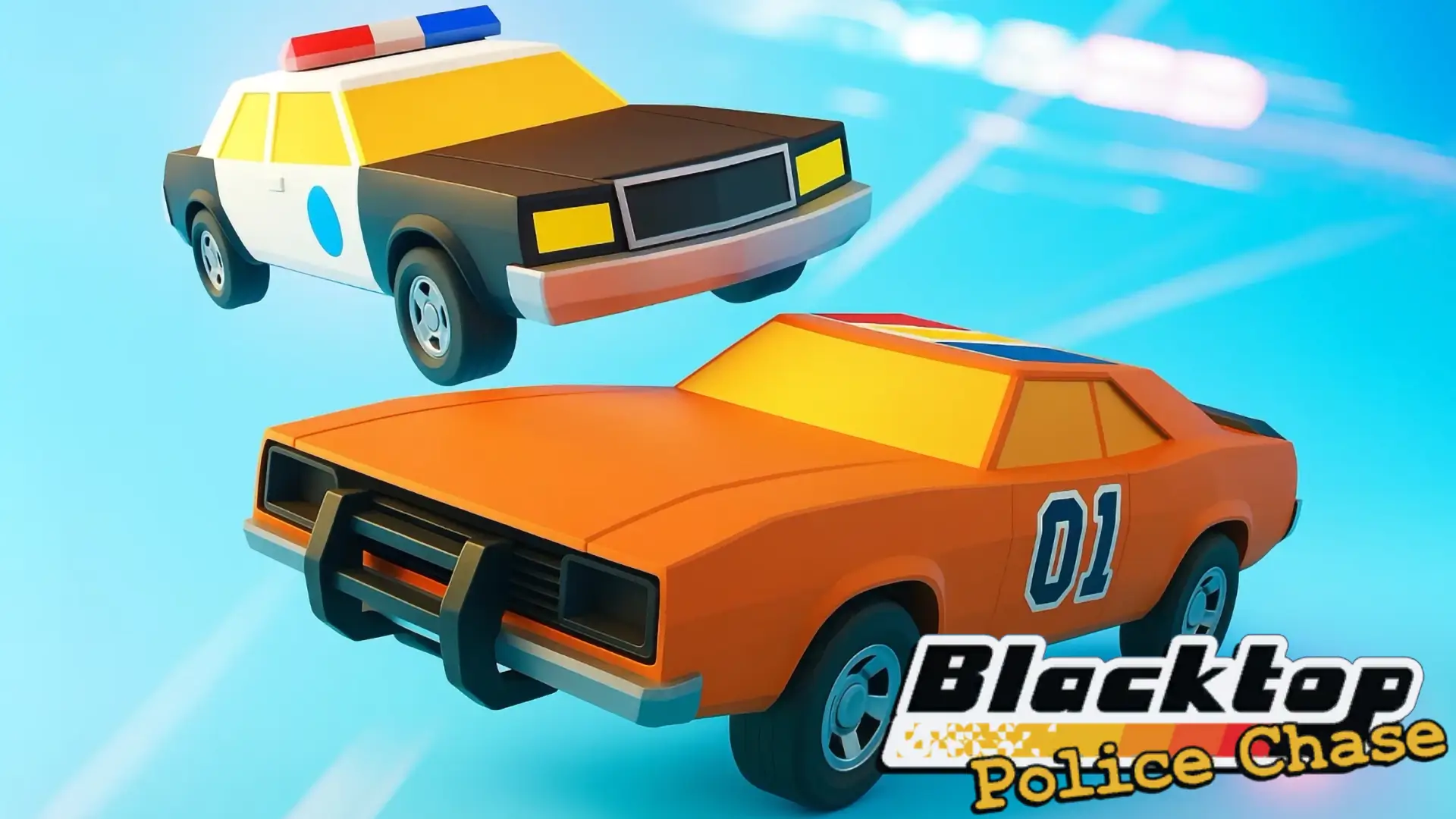 A sleek red sports car drifting around a corner at high speed, with multiple police cars in hot pursuit in Blacktop: Police Chase.