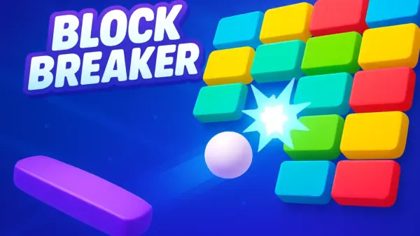 A vibrant screenshot of the Block Breaker game, with the ball just about to smash into a colorful wall of blocks.