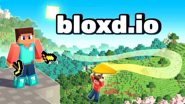 Bloxd.io Unblocked logo with a Minecraft-inspired character holding tools, set against a colorful voxel landscape.